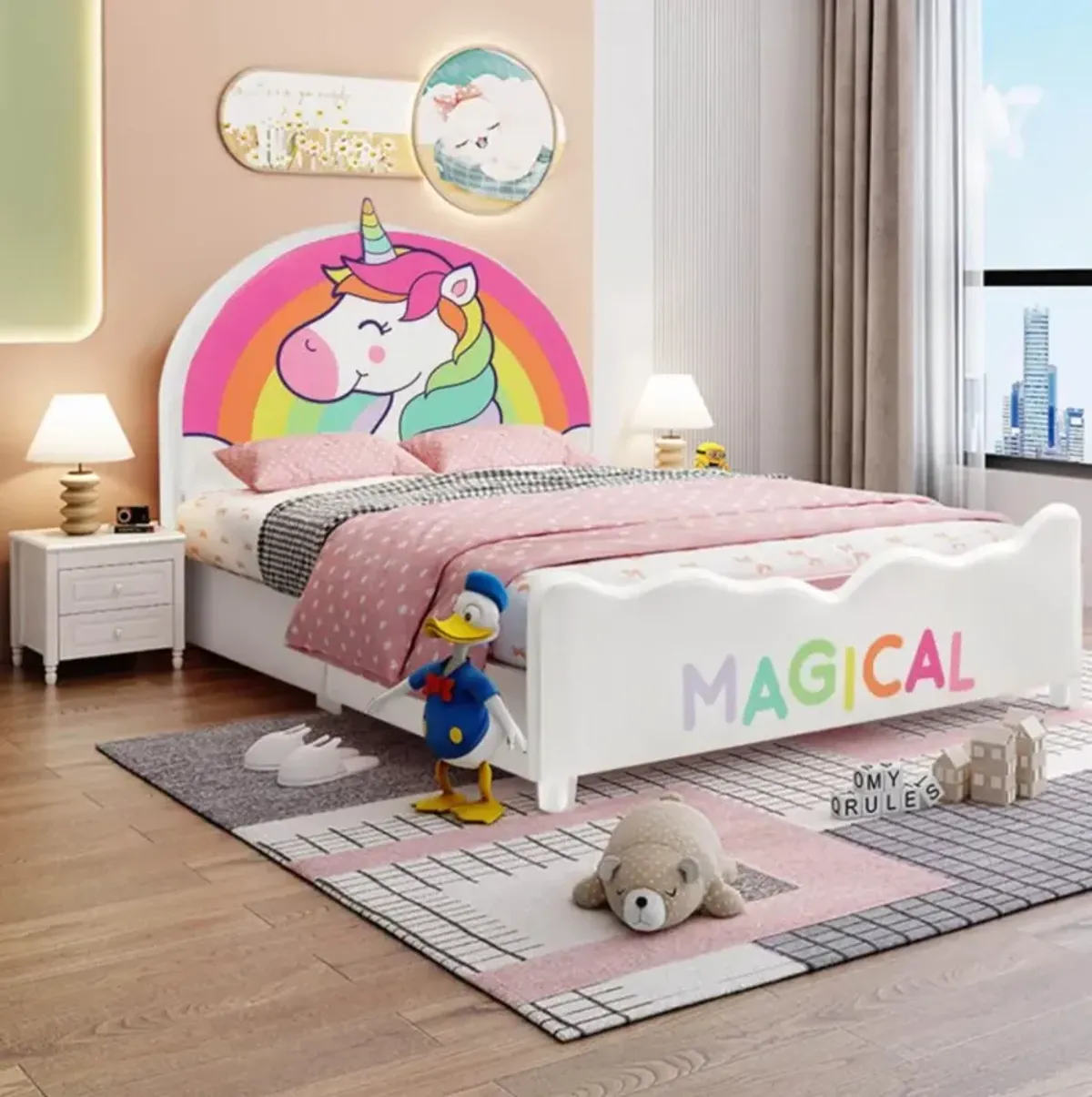 Hivvago Children Twin Size Upholstered  Platform Single Bed