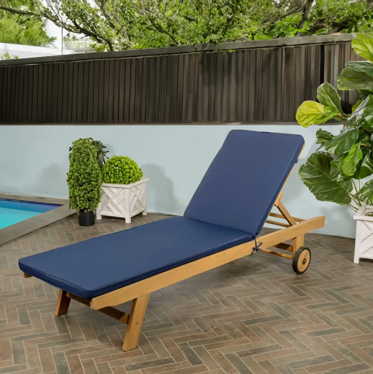 Mallorca Modern Classic Adjustable Acacia Wood Chaise Outdoor Lounge Chair with Cushion & Wheels