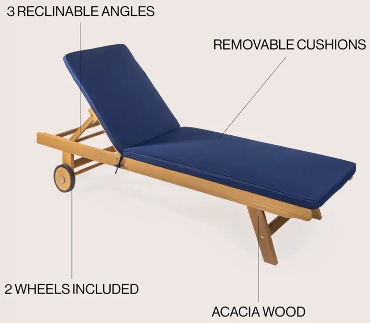 Mallorca Modern Classic Adjustable Acacia Wood Chaise Outdoor Lounge Chair with Cushion & Wheels