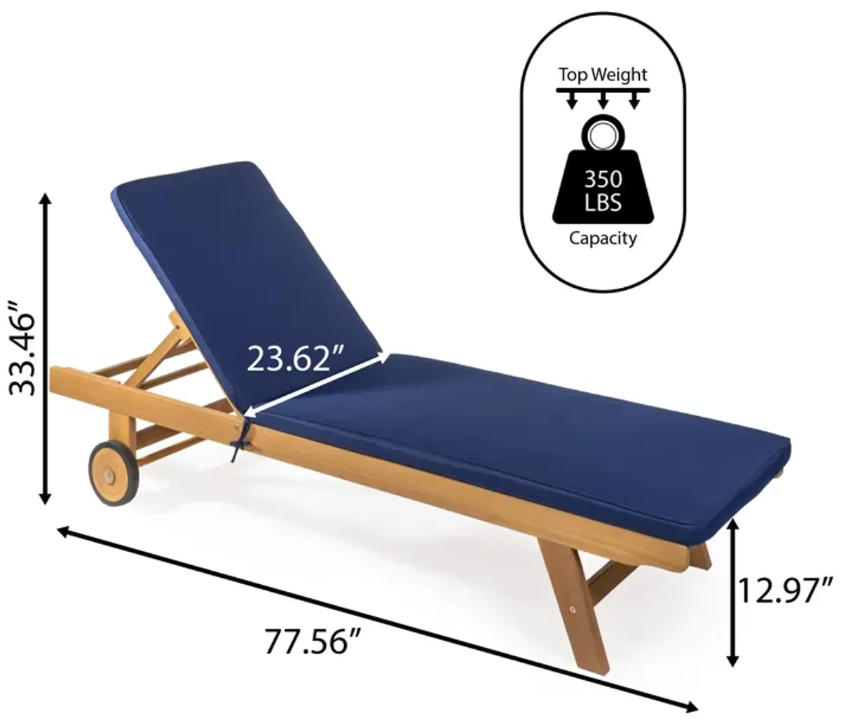 Mallorca Modern Classic Adjustable Acacia Wood Chaise Outdoor Lounge Chair with Cushion & Wheels