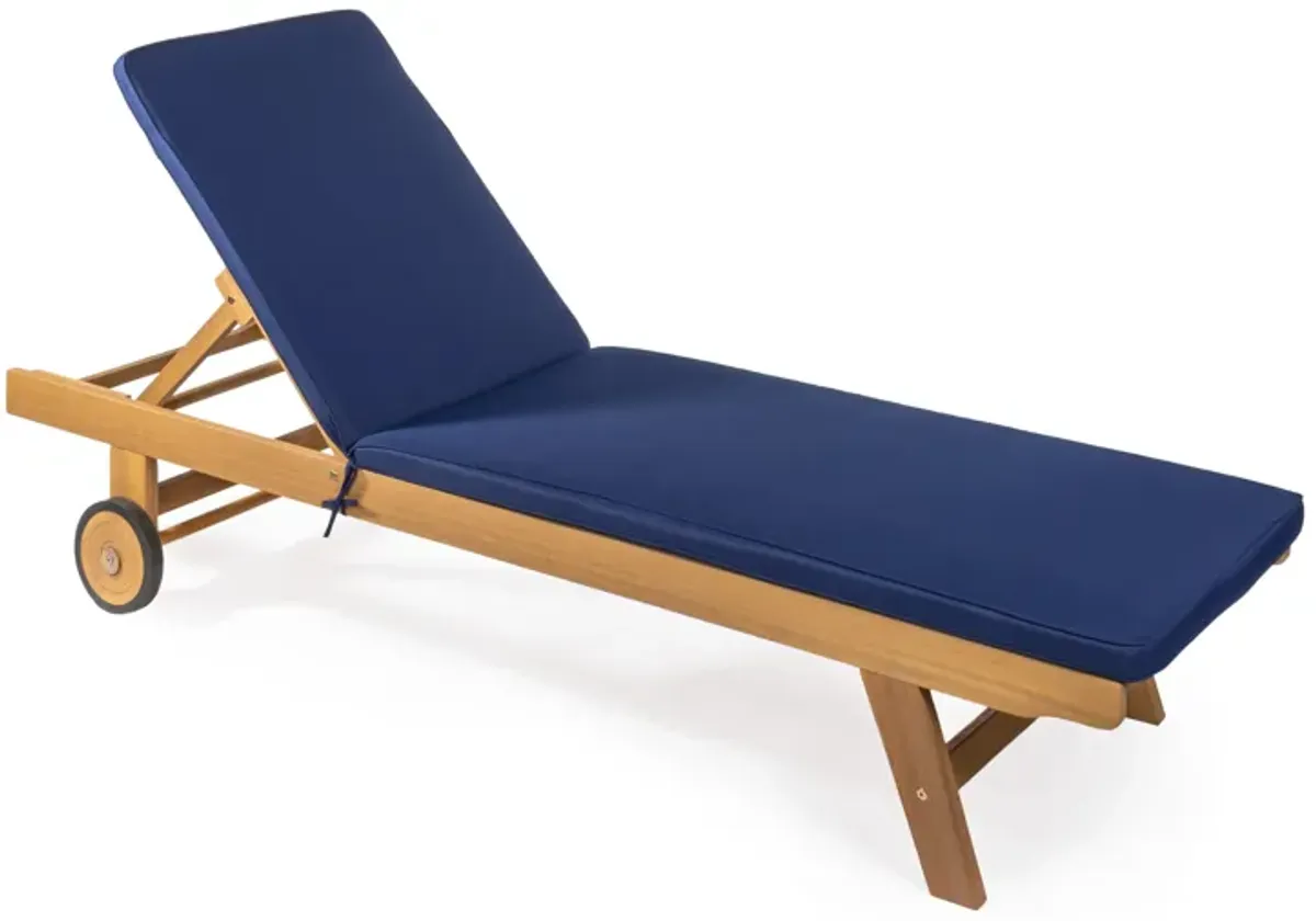 Mallorca Modern Classic Adjustable Acacia Wood Chaise Outdoor Lounge Chair with Cushion & Wheels