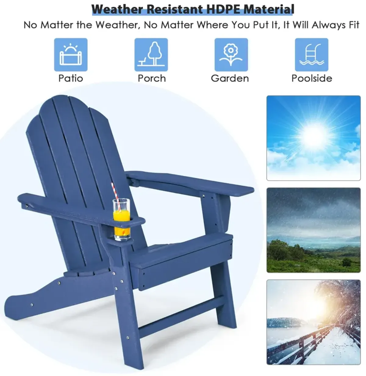 Outdoor Adirondack Chair with Built-in Cup Holder for Backyard Porch