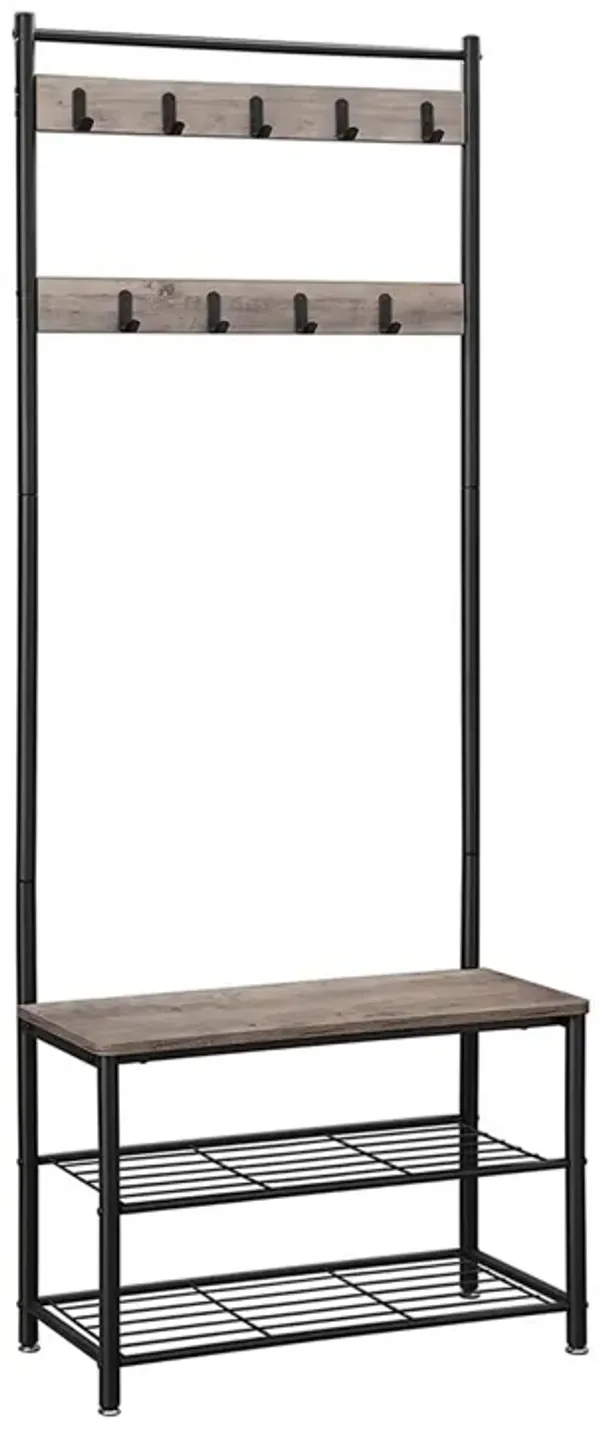 69 Inch Coat Rack Horse, 9 Hooks, 3 Shelves, Black Metal Frame, Gray - Benzara