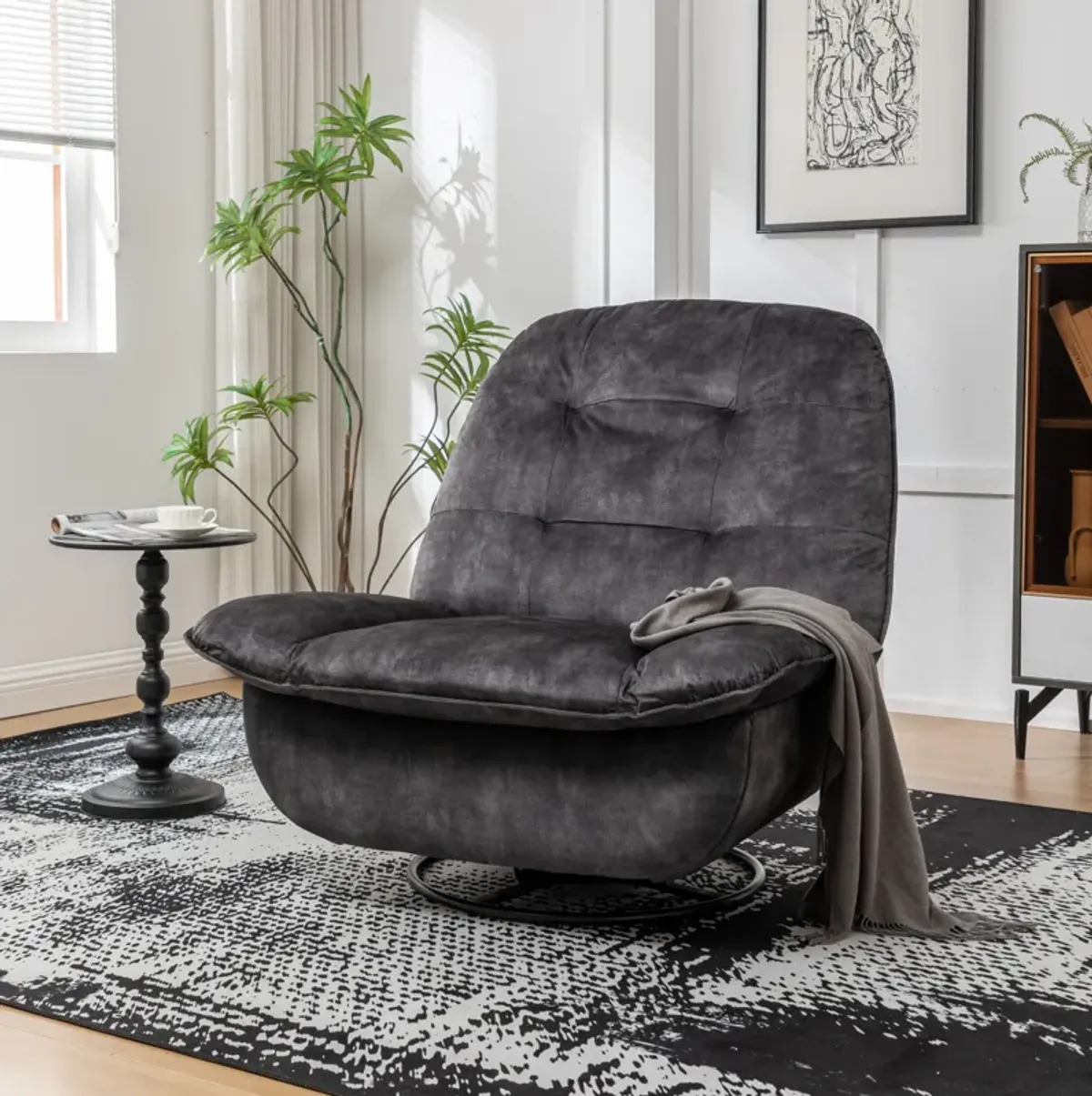 Reclining lazy chair, mobile phone holder, large and comfortable reading chair, swivel gliding rocking chair, gold-stamped velvet