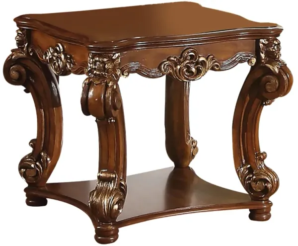 Square Top End Table With Scrolled Leg And Bottom Shelf, Cherry Brown-Benzara