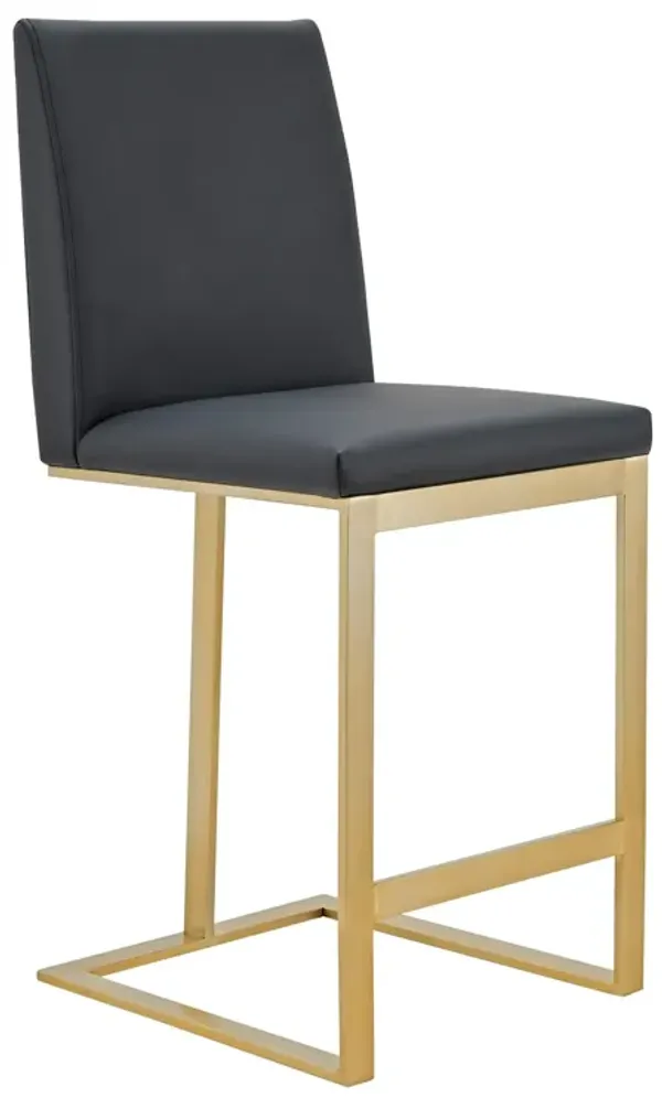 Cid Anki Counter Stool Chair, Dark Gray Faux Leather, Brass Stainless Steel - Benzara