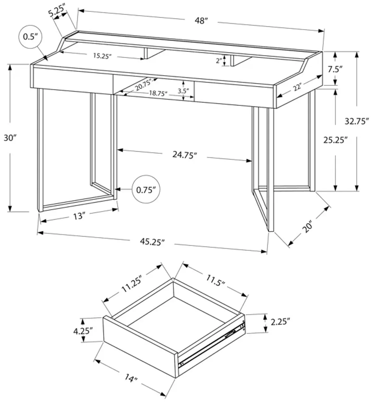 Monarch Specialties I 7361 Computer Desk, Home Office, Laptop, Storage Drawers, 48"L, Work, Metal, Laminate, White, Grey, Contemporary, Modern