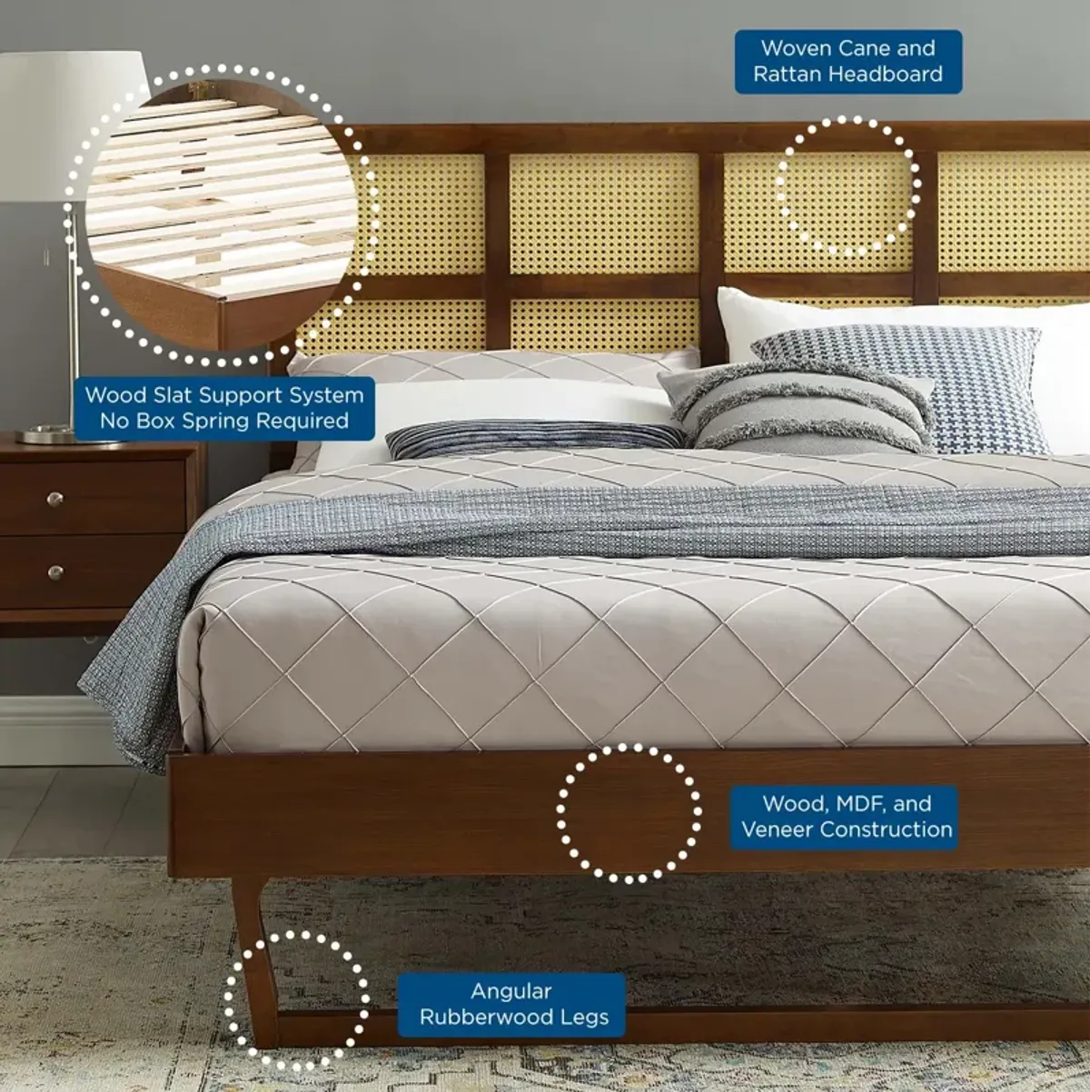 Modway - Sidney Cane and Wood King Platform Bed with Angular Legs