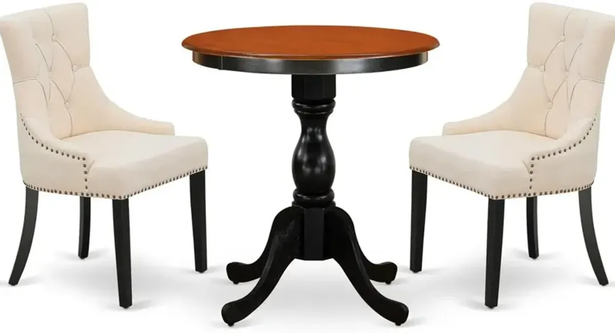East West Furniture 3-Piece Kitchen Dining Table Set Include a Mid Century Dining Table and 2 Light Beige Linen Fabric Dining Chairs with Button Tufted Back - Black Finish