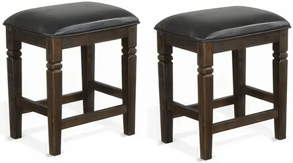 Flint Counter Stool, Set of 2, Black Faux Leather, Dark Brown Mahogany Wood - Benzara