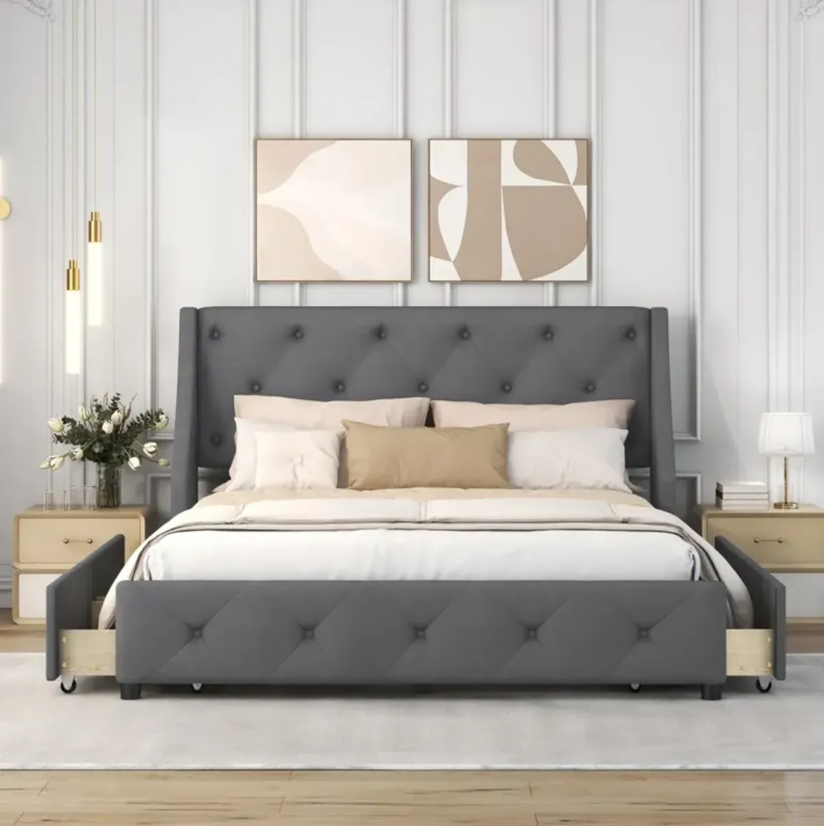 Upholstered Platform Bed With Wingback Tufted Headboard And 4 Drawers, No Box Spring Needed