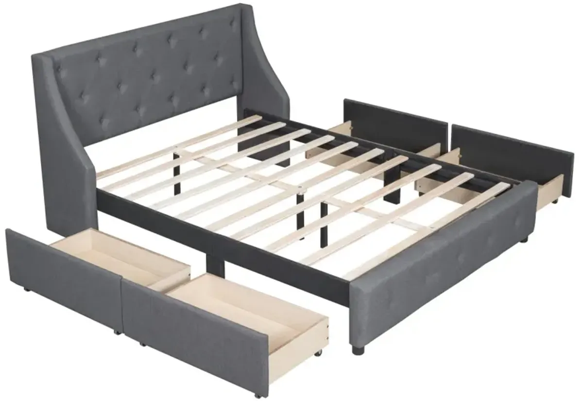 Upholstered Platform Bed With Wingback Tufted Headboard And 4 Drawers, No Box Spring Needed