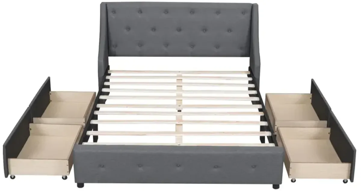 Upholstered Platform Bed With Wingback Tufted Headboard And 4 Drawers, No Box Spring Needed