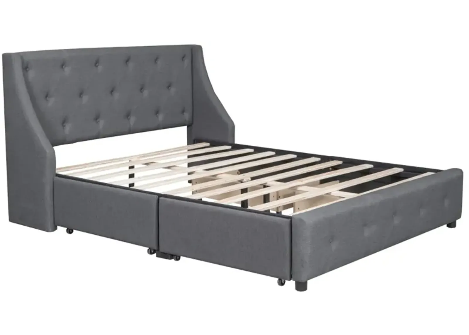 Upholstered Platform Bed With Wingback Tufted Headboard And 4 Drawers, No Box Spring Needed