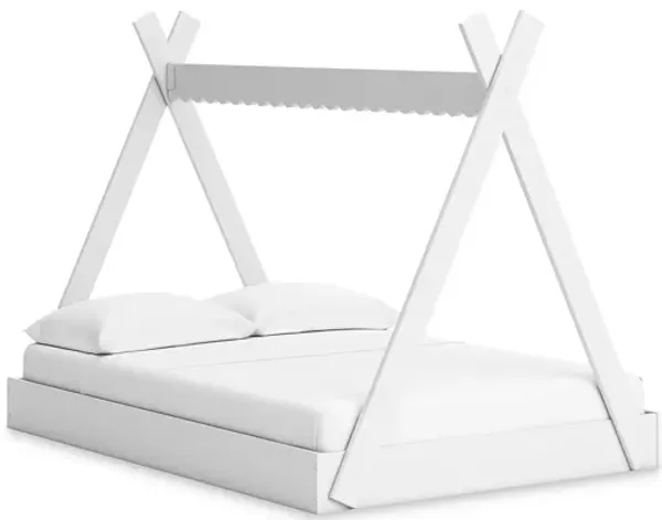 Kally Full Size Floor Bed, Tent Style Design, Matte White Wood - Benzara