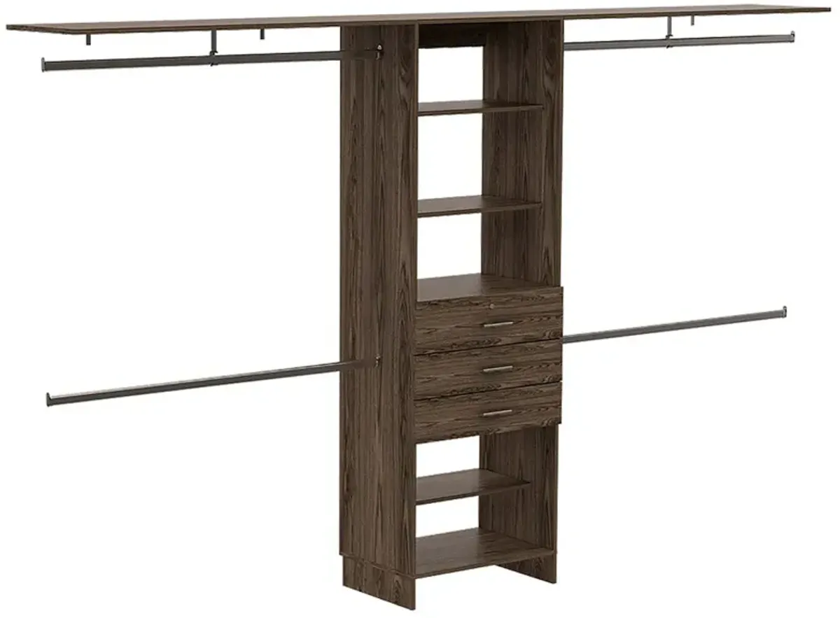 Plego 69"W - 118"W Drawers Closet System, Five Shelves, Four Hanging Rods, Three Drawers -Dark Walnut