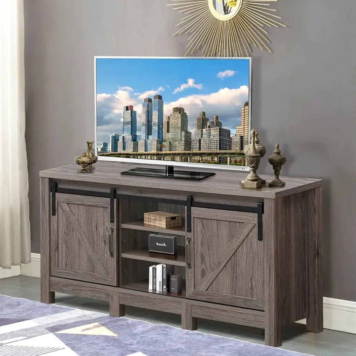 55 Inch TV Sliding Barn Door Entertainment Center with Adjustable Shelves