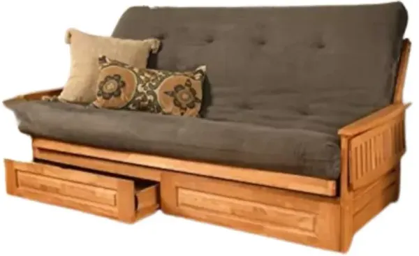 Phoenix Frame Queen-Butternut Finish-Suede Gray Mattress-Storage Drawers