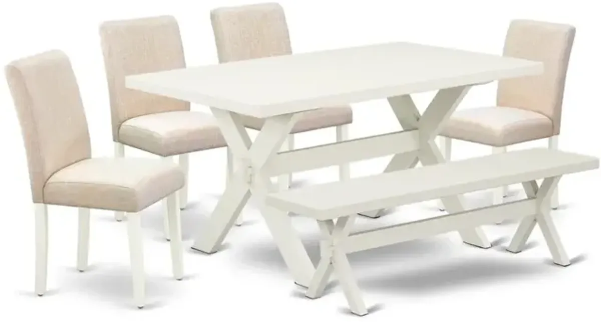East West Furniture 6-Piece Dinette Table Set-Light Beige Linen Fabric Seat and Stylish Chair Back Kitchen chairs, a Rectangular Bench and Rectangular Top Dining room Table with Solid Wood Legs - Line