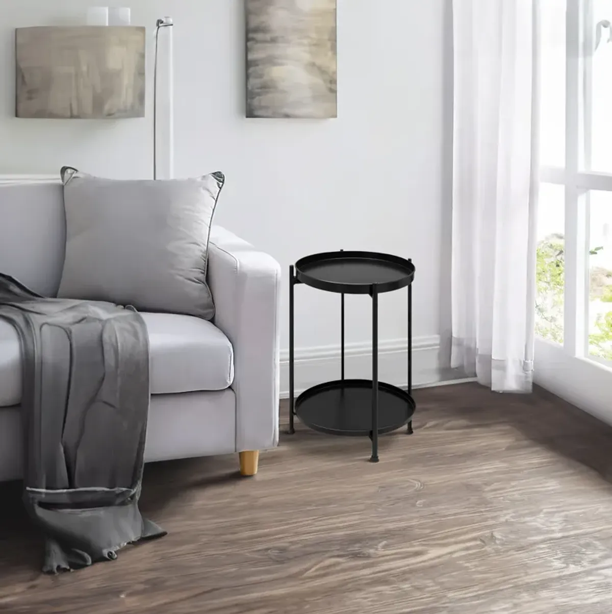 15 Inch Modern Side End Table, Metal Round Tray Top, Foldable Legs