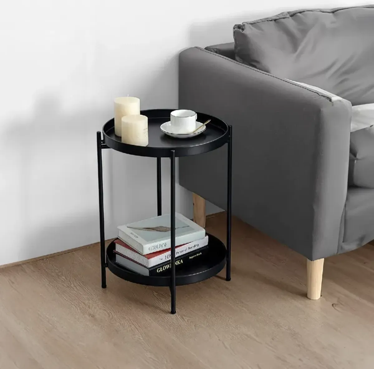 15 Inch Modern Side End Table, Metal Round Tray Top, Foldable Legs