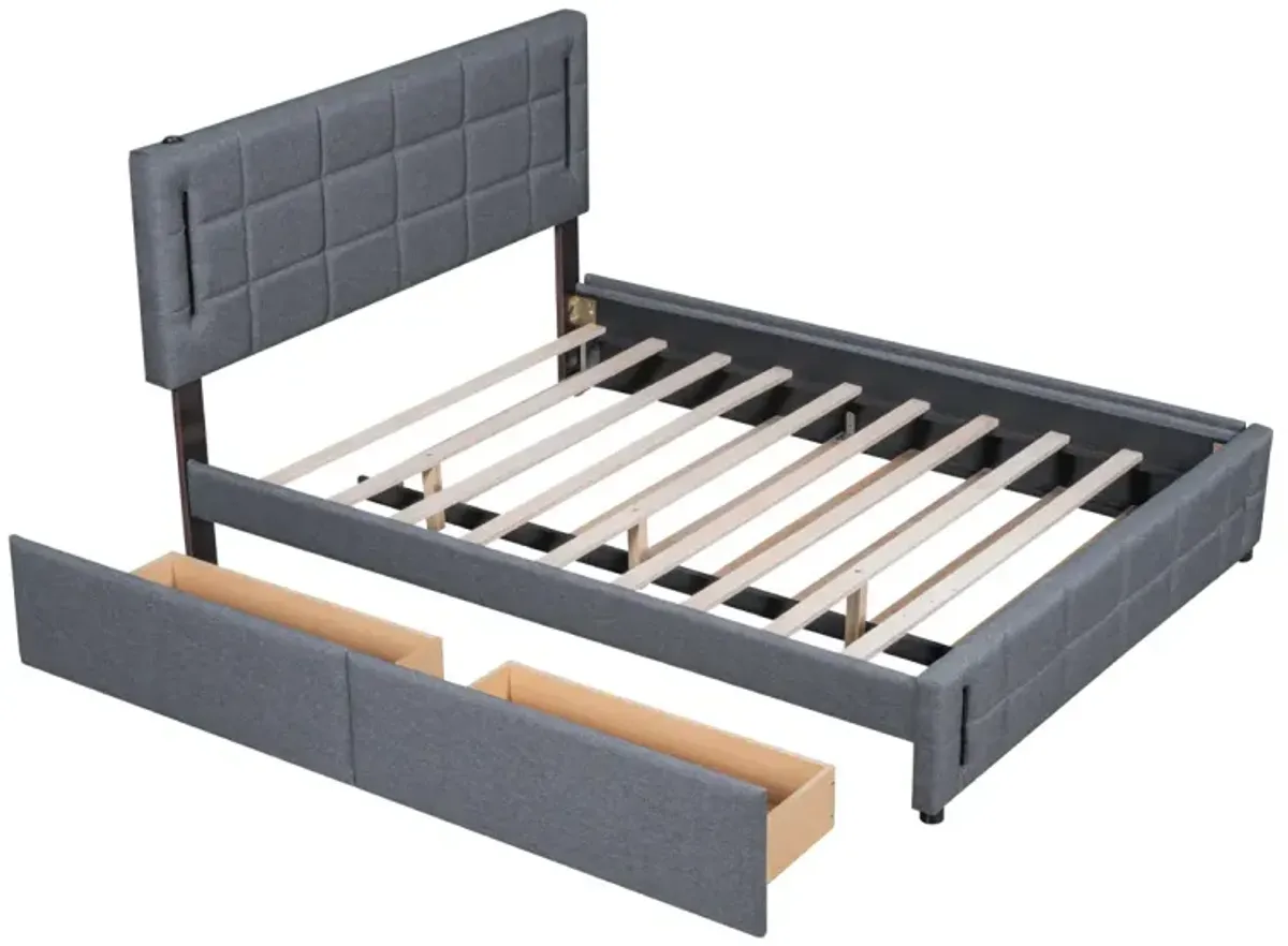 Queen Size Upholstered Platform Bed With Trundle And Drawers, Gray