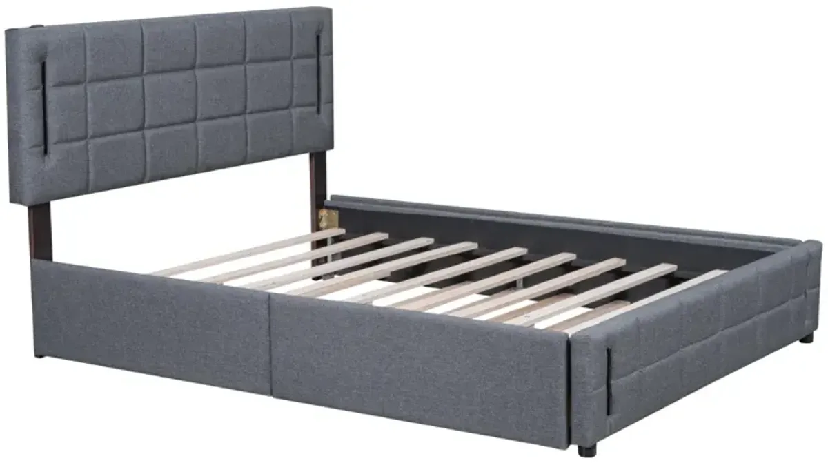 Queen Size Upholstered Platform Bed With Trundle And Drawers, Gray