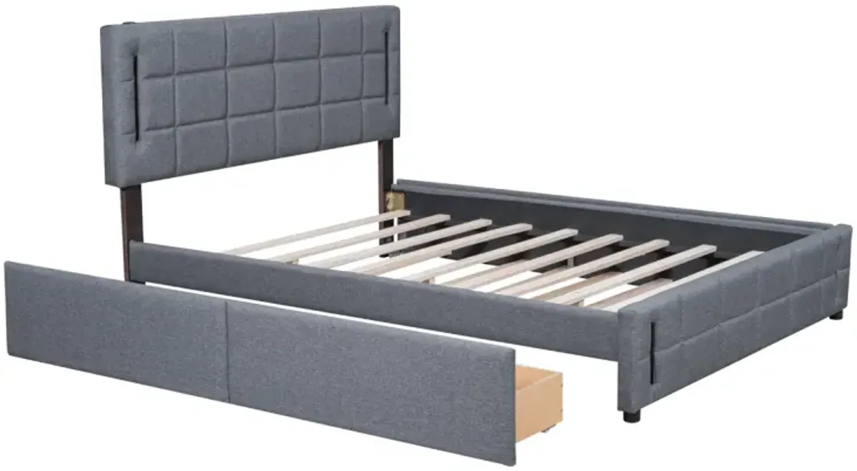 Queen Size Upholstered Platform Bed With Trundle And Drawers, Gray