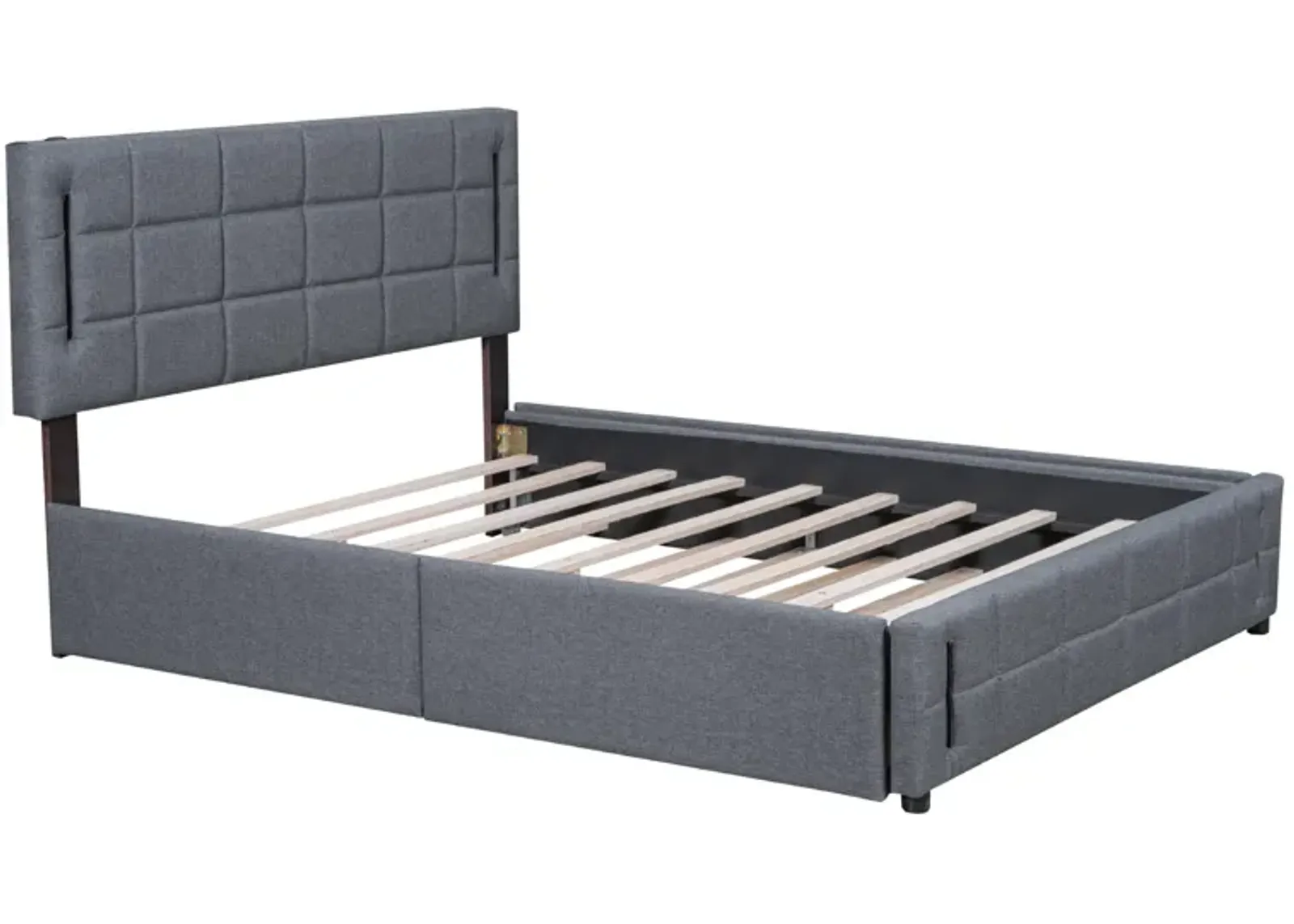 Queen Size Upholstered Platform Bed With Trundle And Drawers, Gray