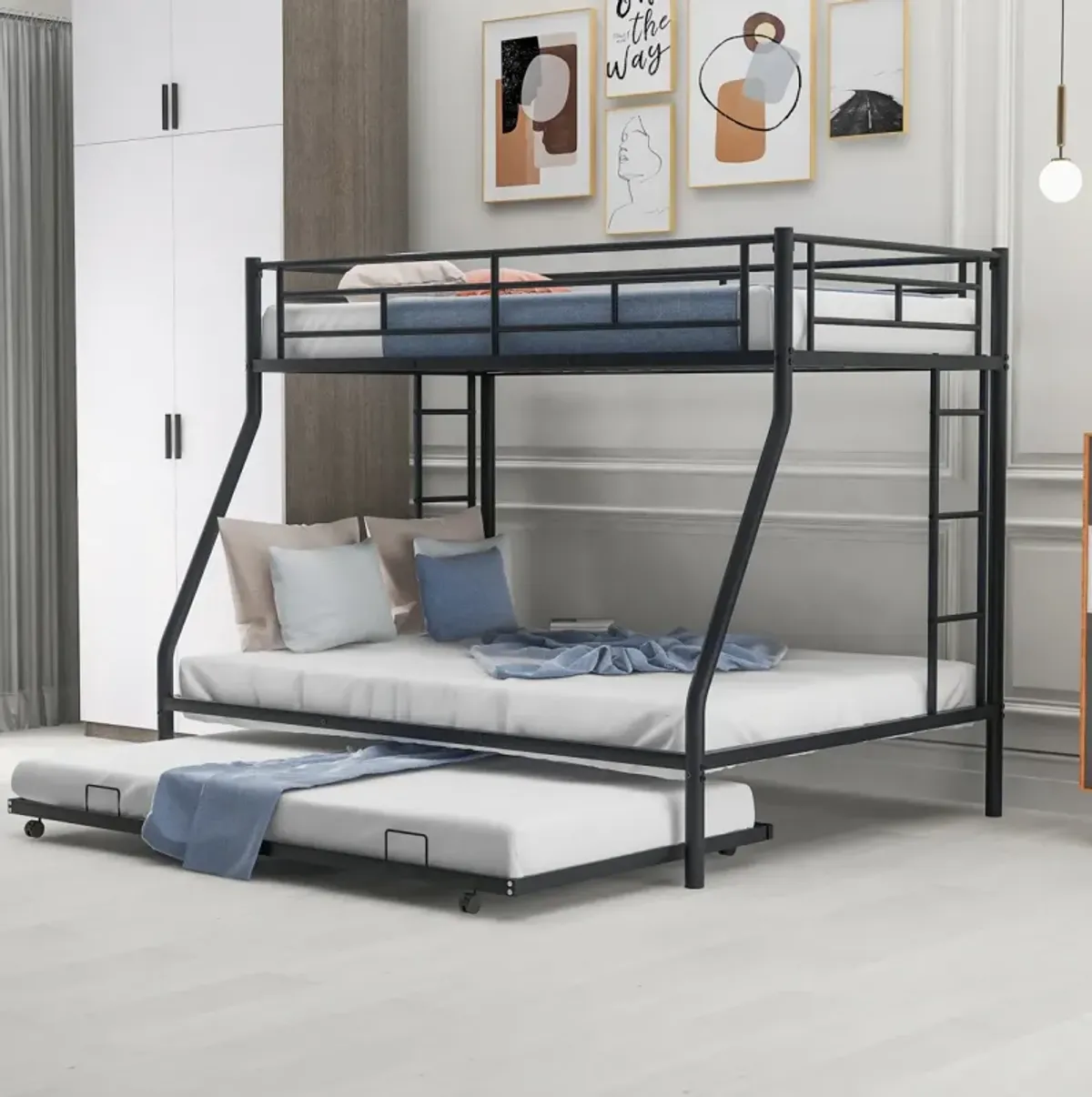 Twin Over Full Bed With Sturdy Steel Frame, Bunk Bed With Twin Size Trundle, Two-Side Ladders