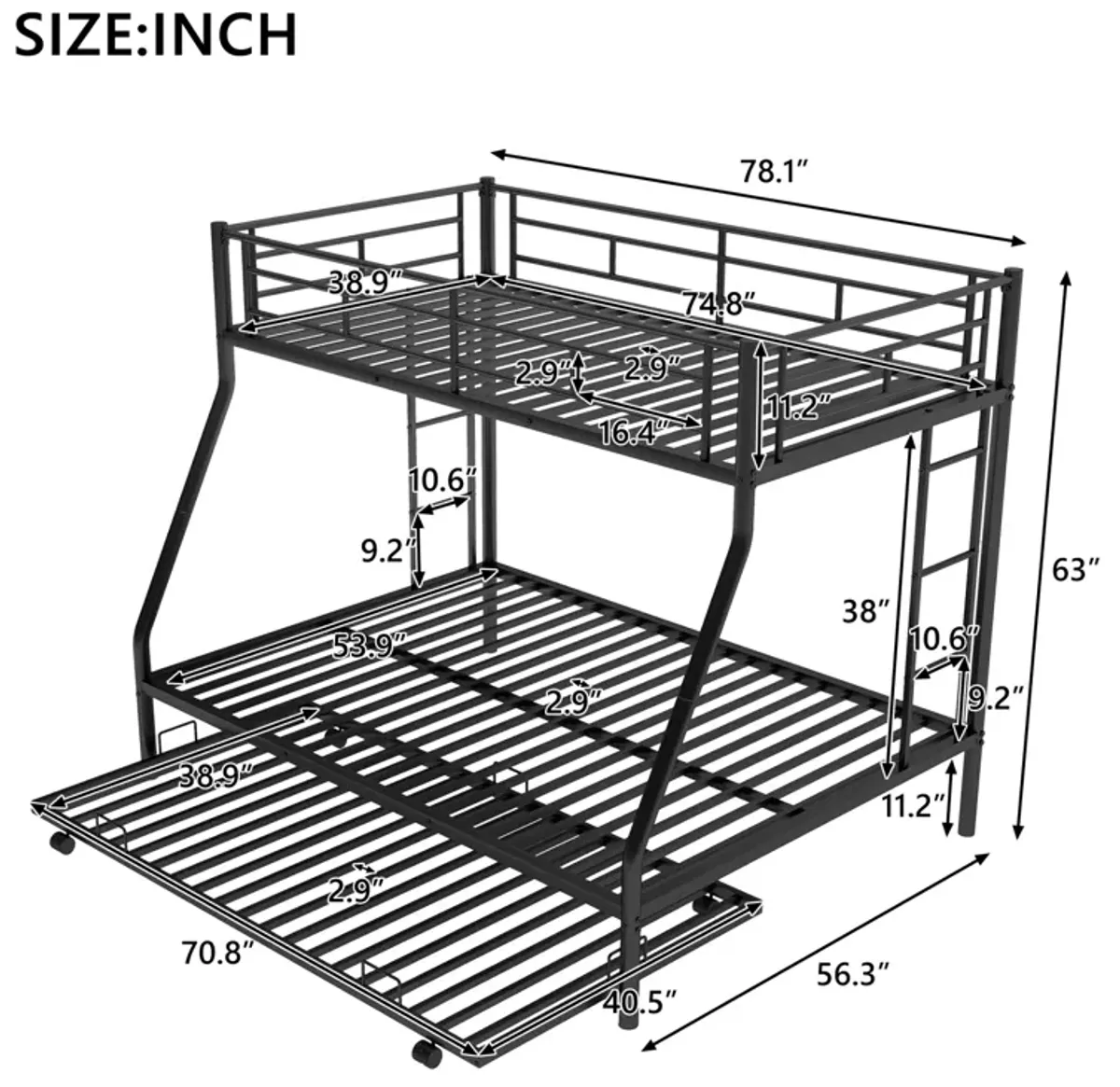 Twin Over Full Bed With Sturdy Steel Frame, Bunk Bed With Twin Size Trundle, Two-Side Ladders