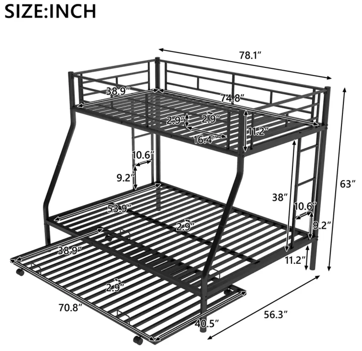 Twin Over Full Bed With Sturdy Steel Frame, Bunk Bed With Twin Size Trundle, Two-Side Ladders