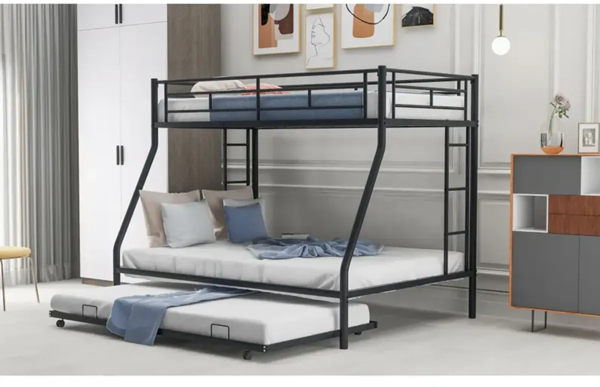 Twin Over Full Bed With Sturdy Steel Frame, Bunk Bed With Twin Size Trundle, Two-Side Ladders