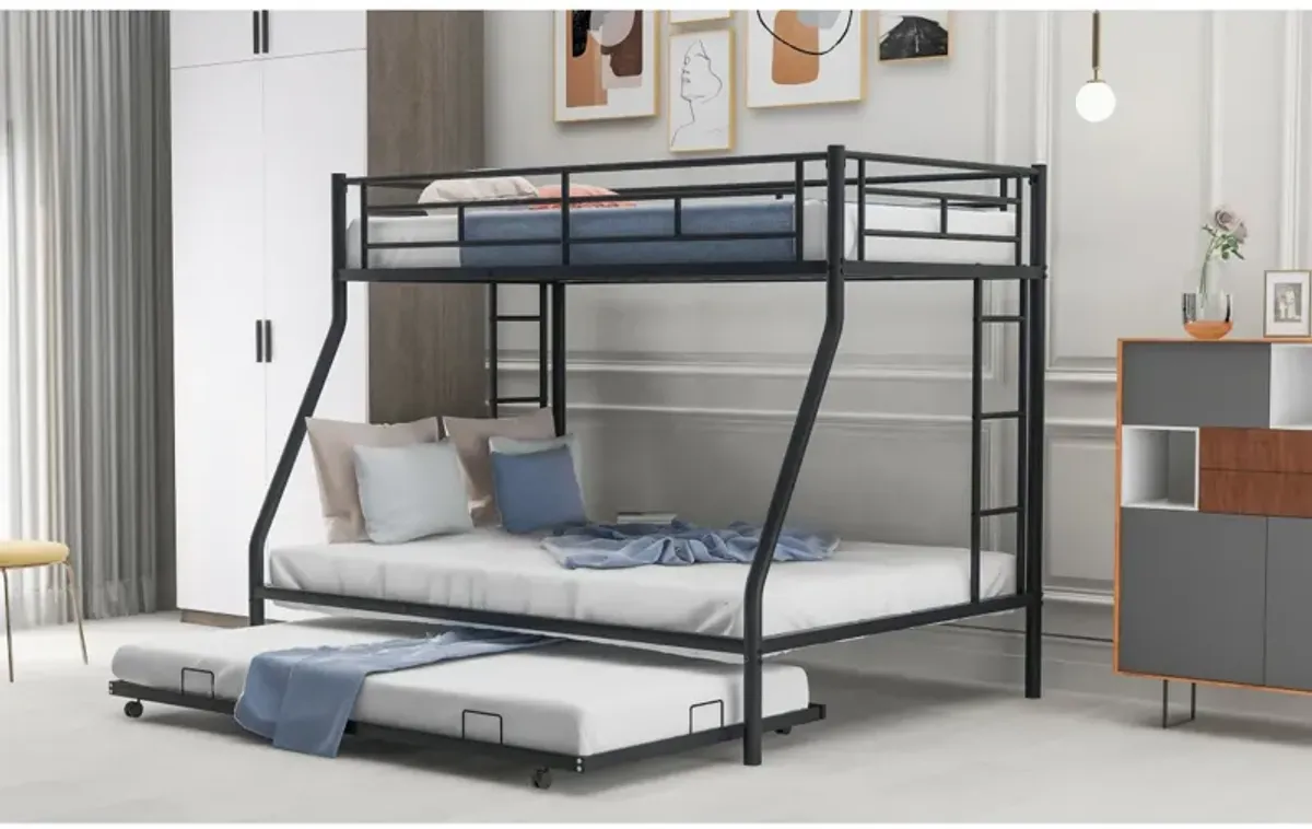 Twin Over Full Bed With Sturdy Steel Frame, Bunk Bed With Twin Size Trundle, Two-Side Ladders