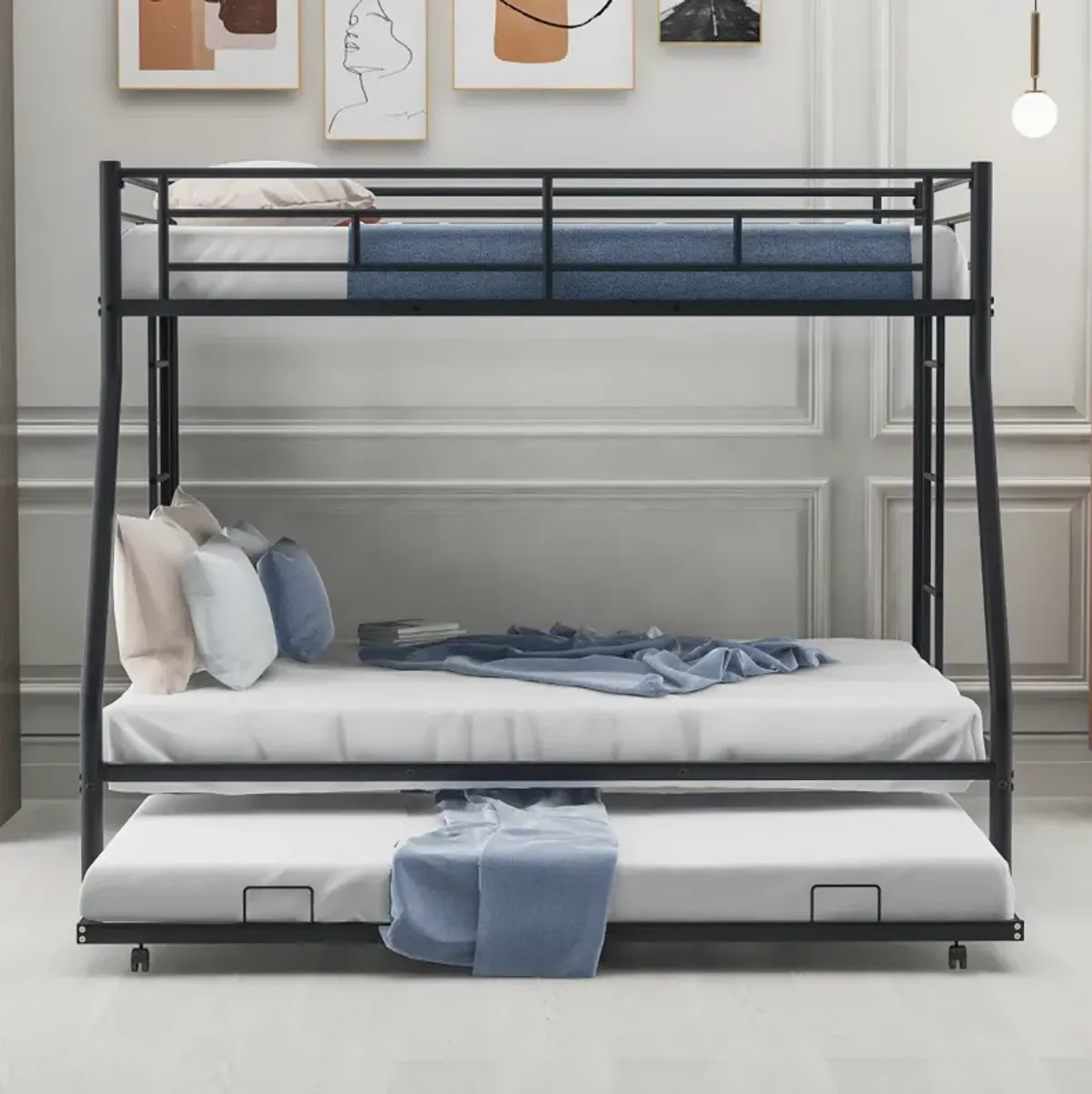 Twin Over Full Bed With Sturdy Steel Frame, Bunk Bed With Twin Size Trundle, Two-Side Ladders