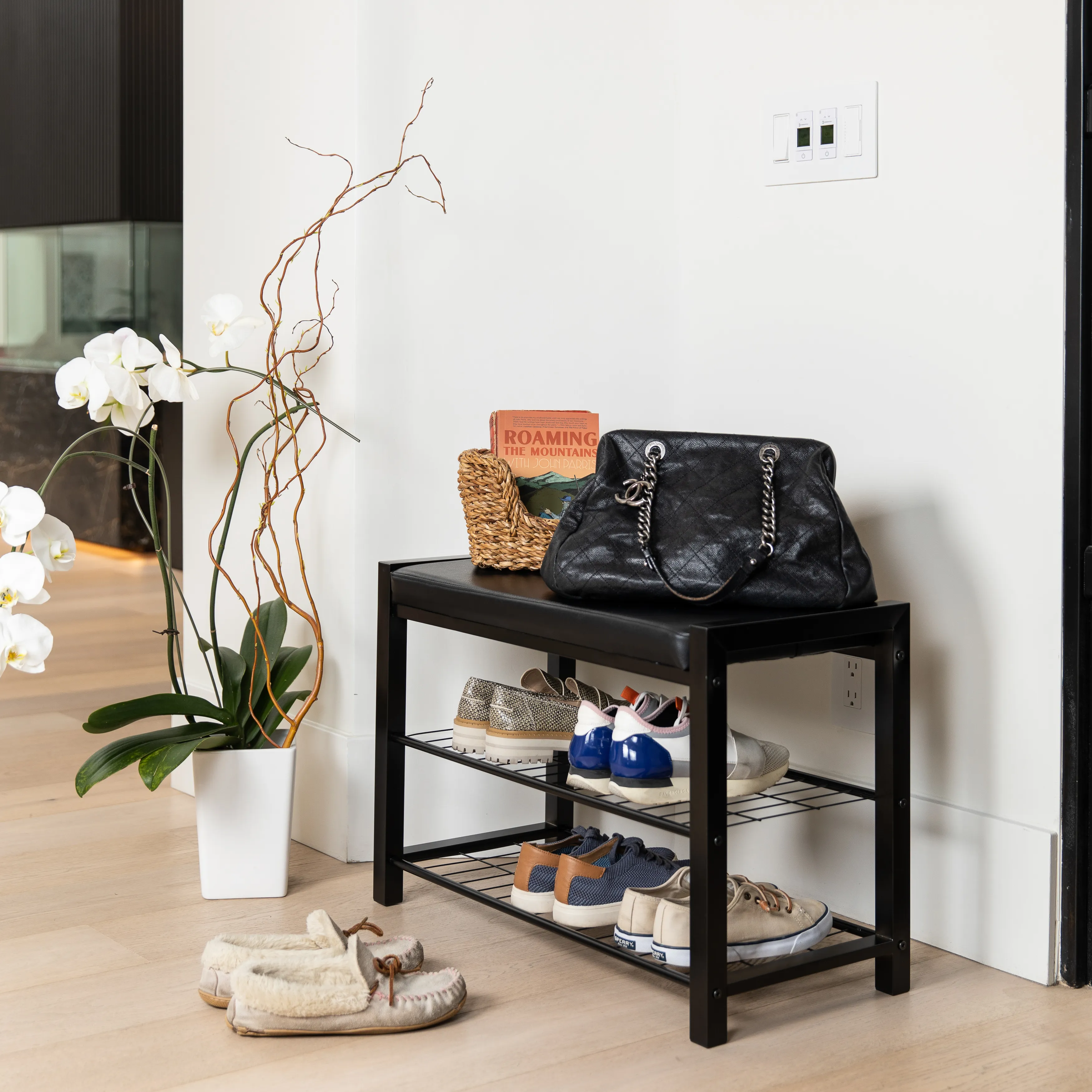 Leatherette Storage Entryway Bench and Shoe Rack with Metal Frame