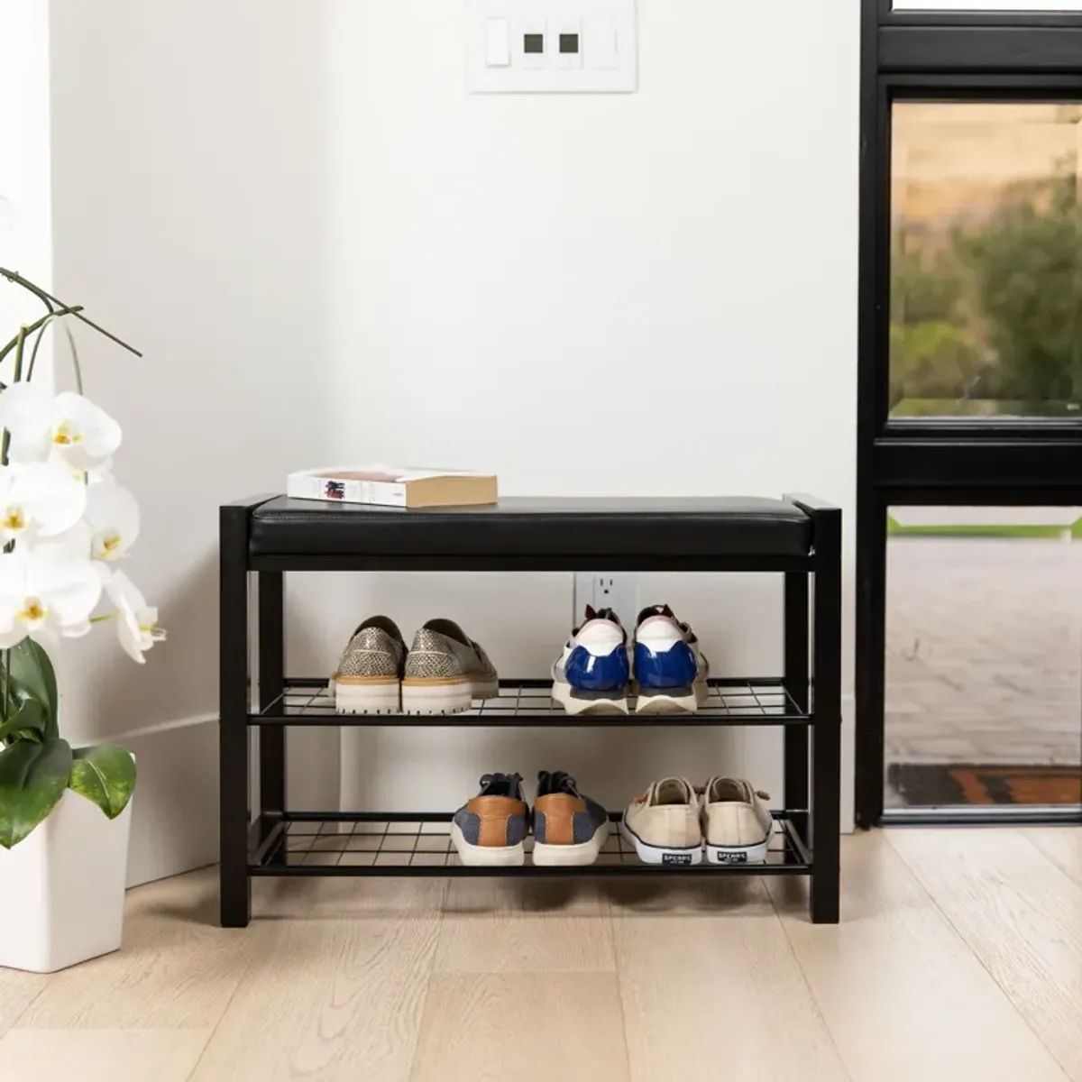 Leatherette Storage Entryway Bench and Shoe Rack with Metal Frame