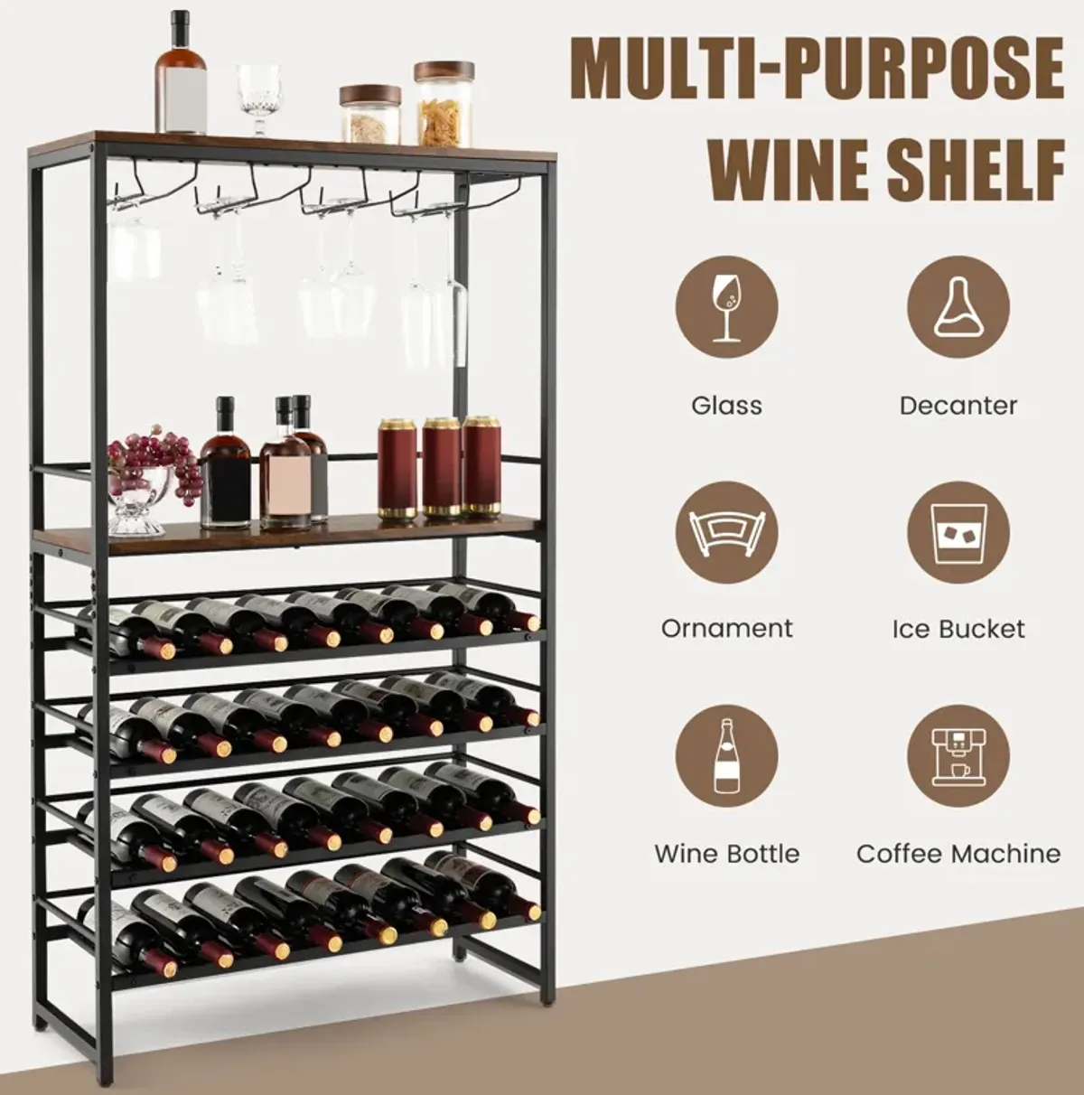 Freestanding Wine Bakers Rack with 4-Tier Wine Storage and 4 Rows of Stemware Racks