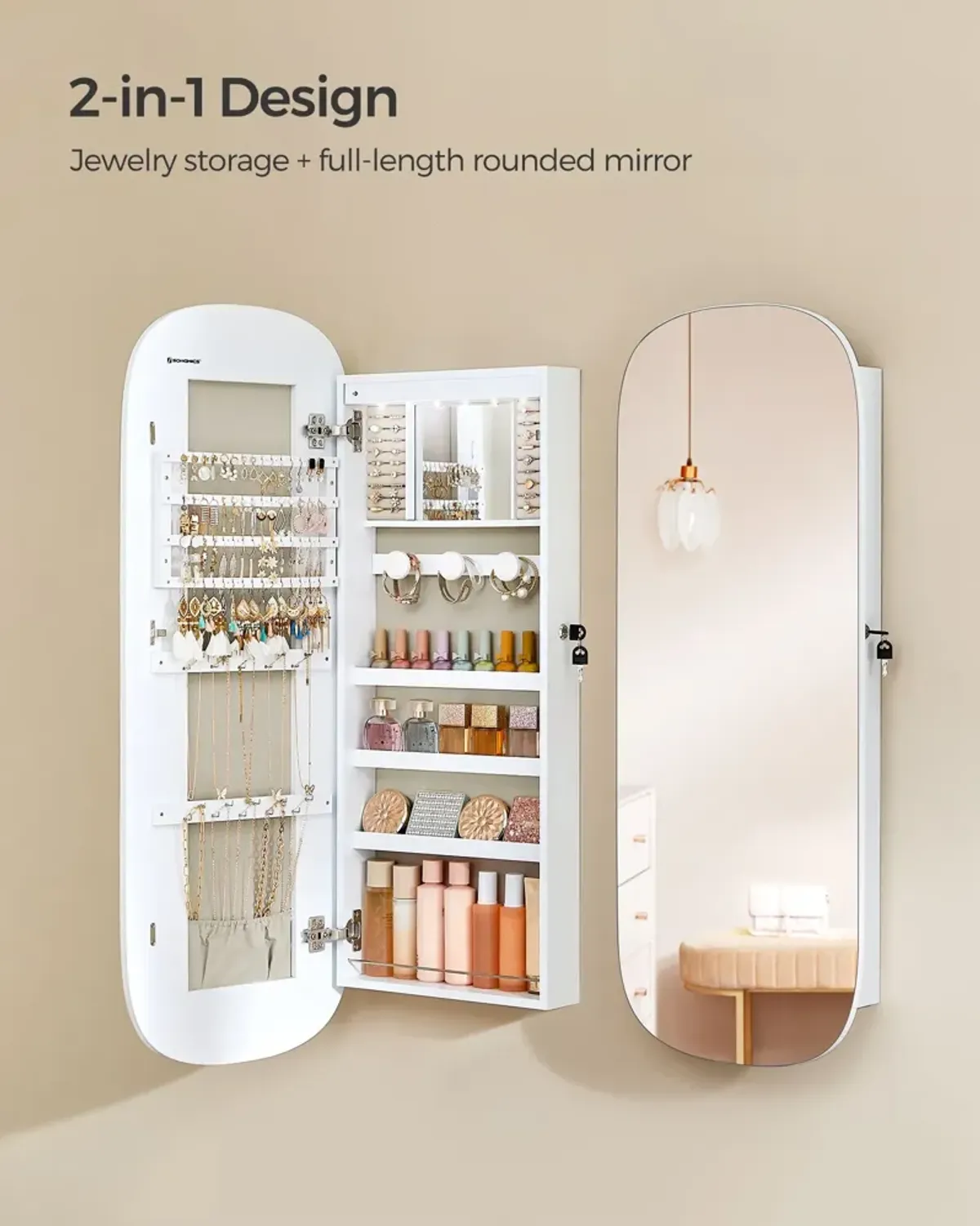 LED Jewelry Cabinet with Mirror Illuminated Storage for Jewelry and Accessories