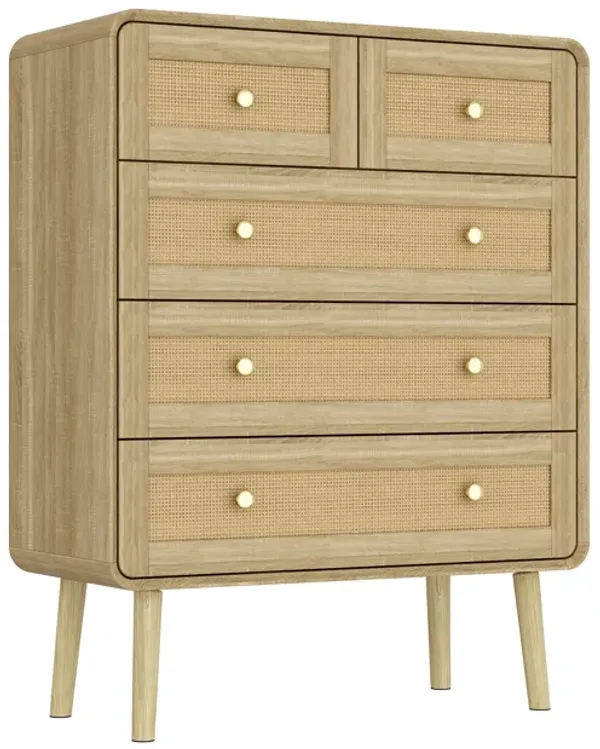 FUFU&GAGA 5-Drawer Dresser, Modern Wood Chest with Rattan Fronts, Gold Handles & Sturdy Wooden Legs, Spacious Storage Cabinet for Bedroom (31.5" W x 39.8" H x 13.9" D), Natural Wood