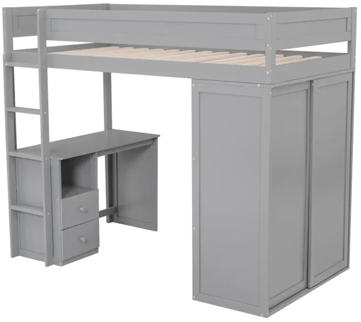 Whisen Wood Twin Size Loft Bed with Wardrobes and 2-Drawer Desk with Cabinet - Gray
