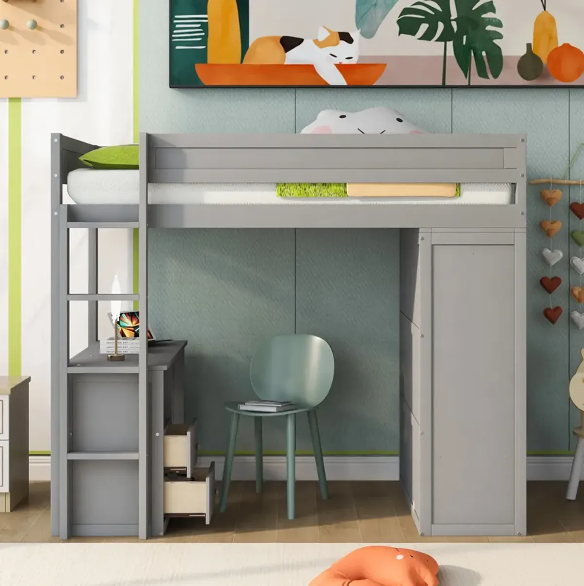 Whisen Wood Twin Size Loft Bed with Wardrobes and 2-Drawer Desk with Cabinet - Gray