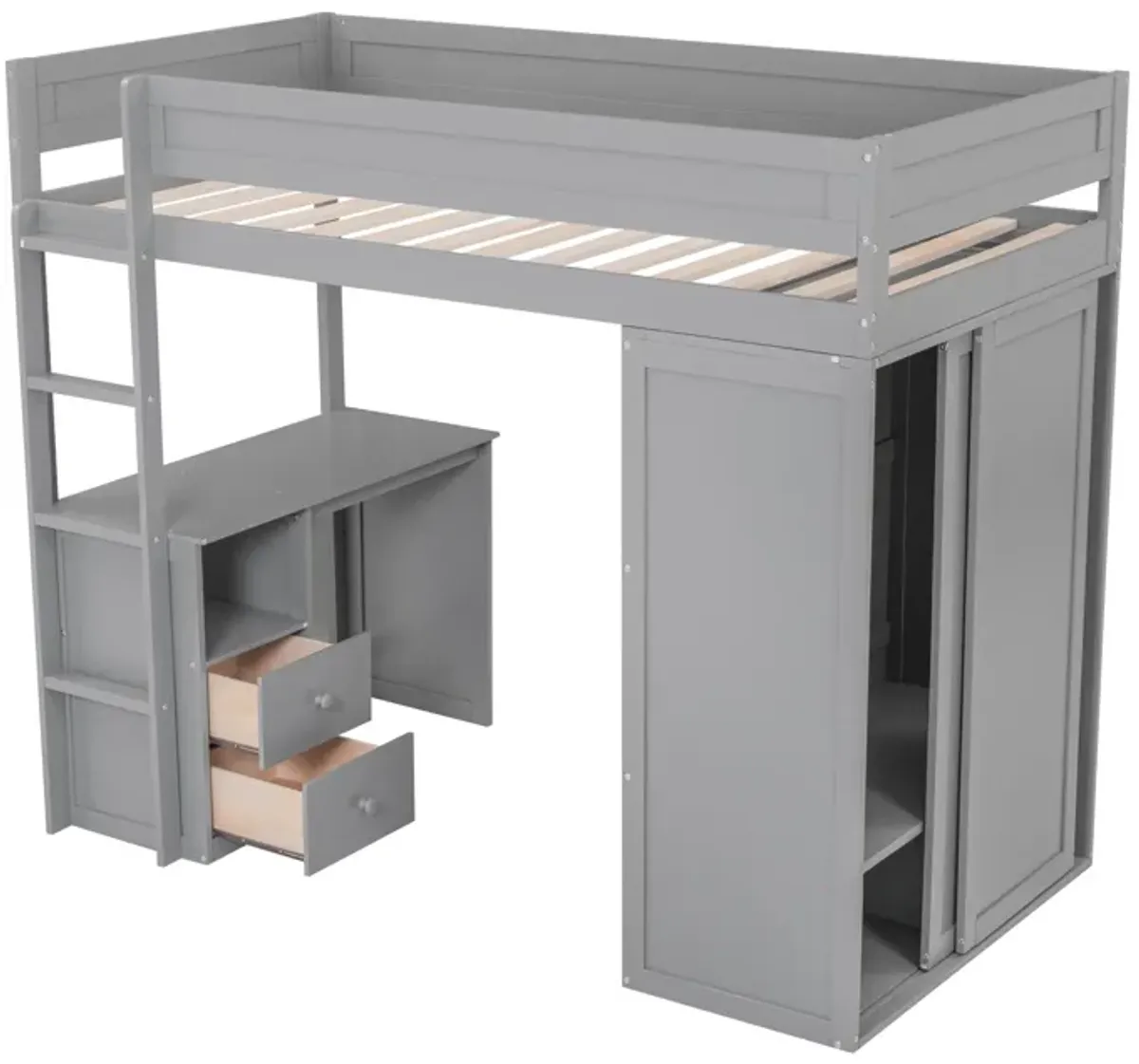Whisen Wood Twin Size Loft Bed with Wardrobes and 2-Drawer Desk with Cabinet - Gray