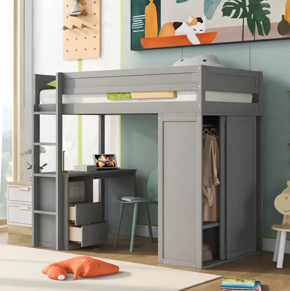 Whisen Wood Twin Size Loft Bed with Wardrobes and 2-Drawer Desk with Cabinet - Gray