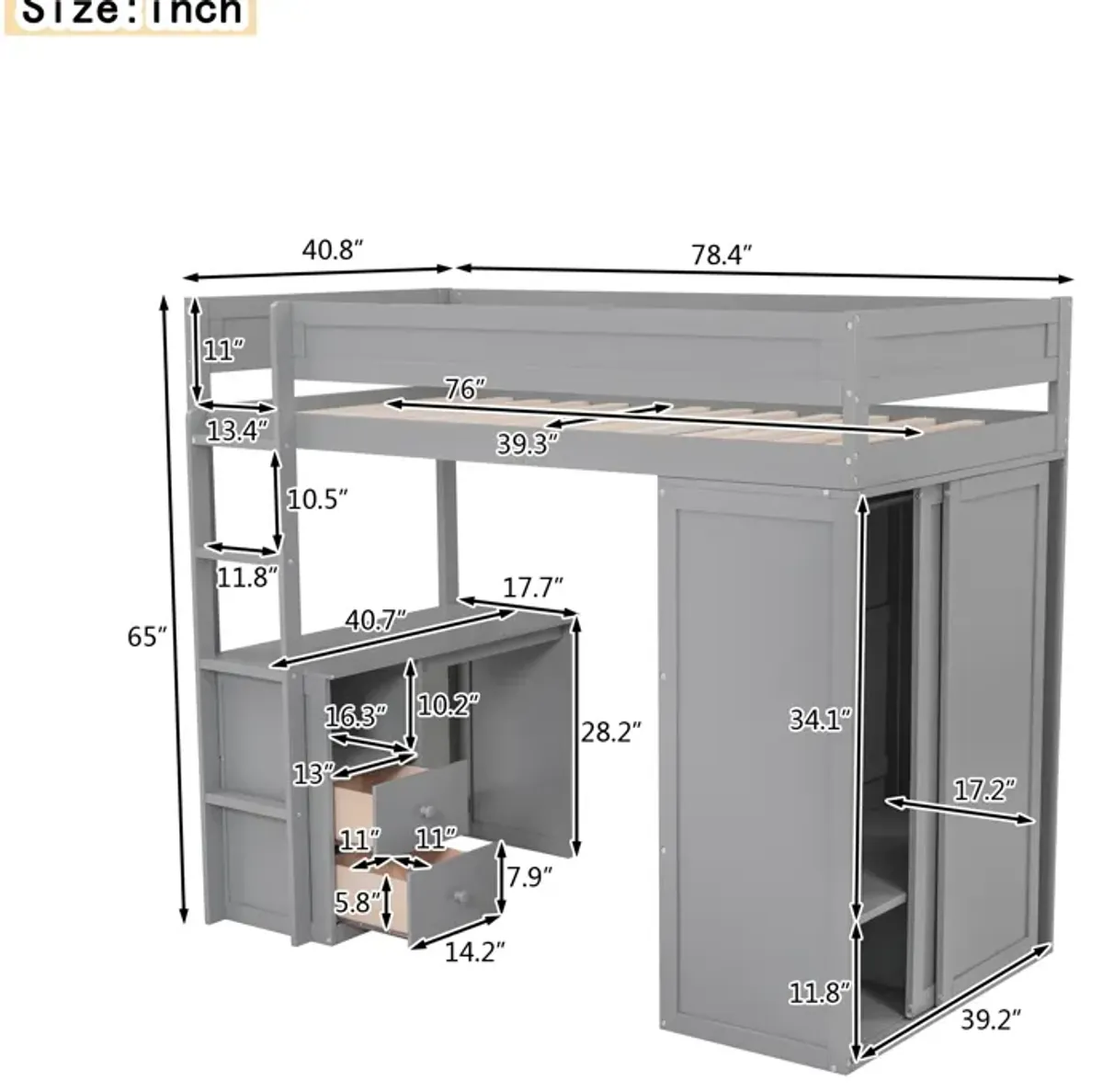 Whisen Wood Twin Size Loft Bed with Wardrobes and 2-Drawer Desk with Cabinet - Gray