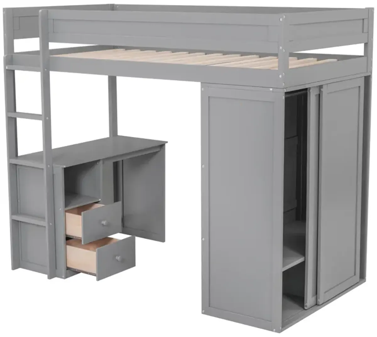 Whisen Wood Twin Size Loft Bed with Wardrobes and 2-Drawer Desk with Cabinet - Gray