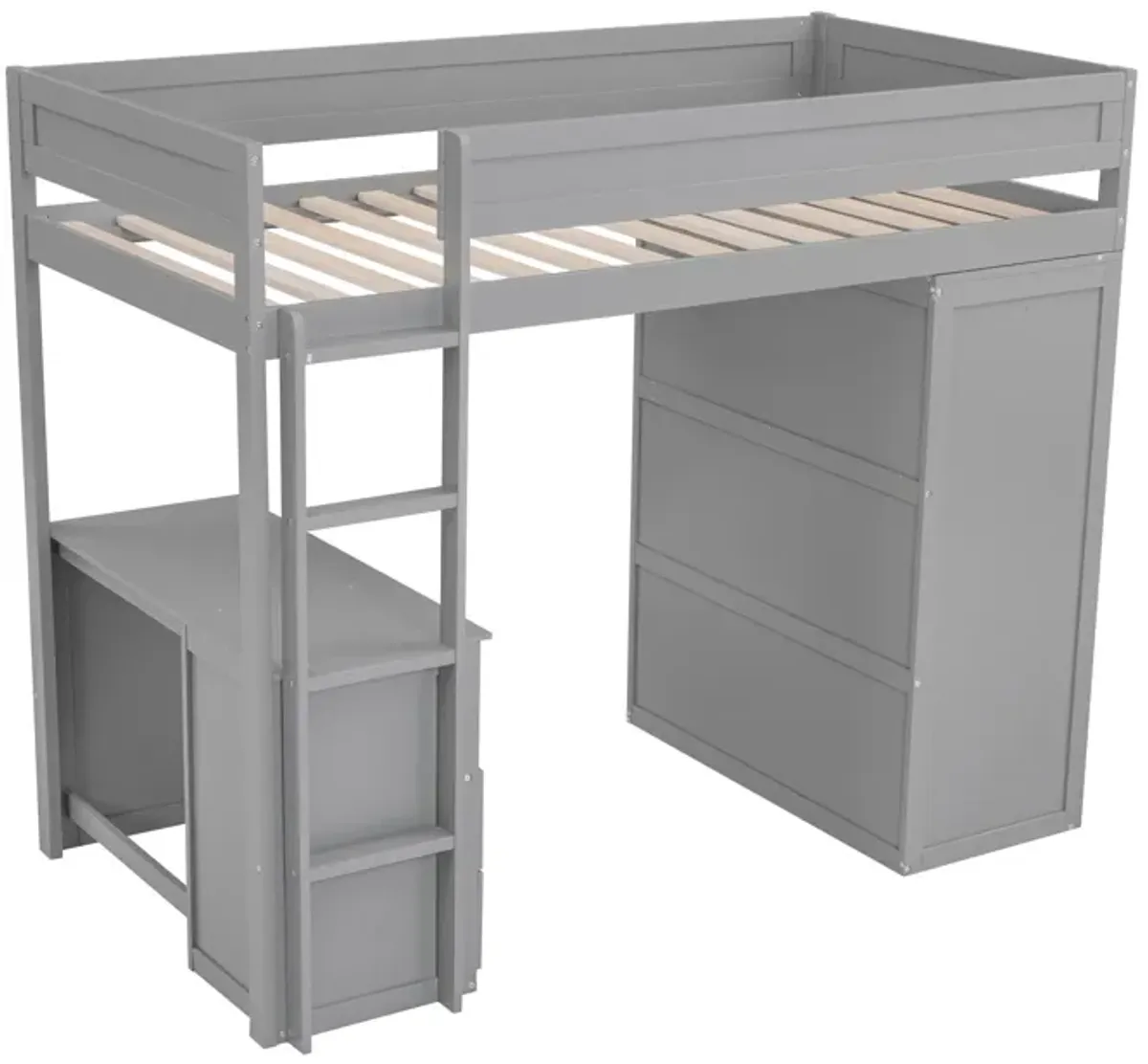 Whisen Wood Twin Size Loft Bed with Wardrobes and 2-Drawer Desk with Cabinet - Gray