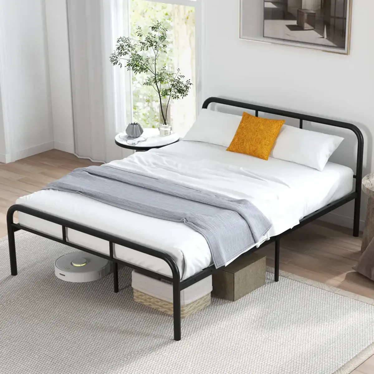 Full Bed Frame with Headboard and Footboard No Box Spring Needed-Black