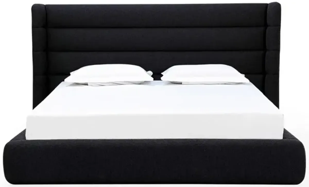 Mase Queen Platform Bed, Boucle Upholstery, Wingback Headboard, Gray - Benzara