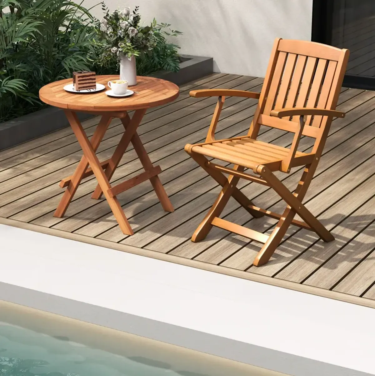 Patio Wood Folding Chair Set of 2 with Armrests and Slatted Seat